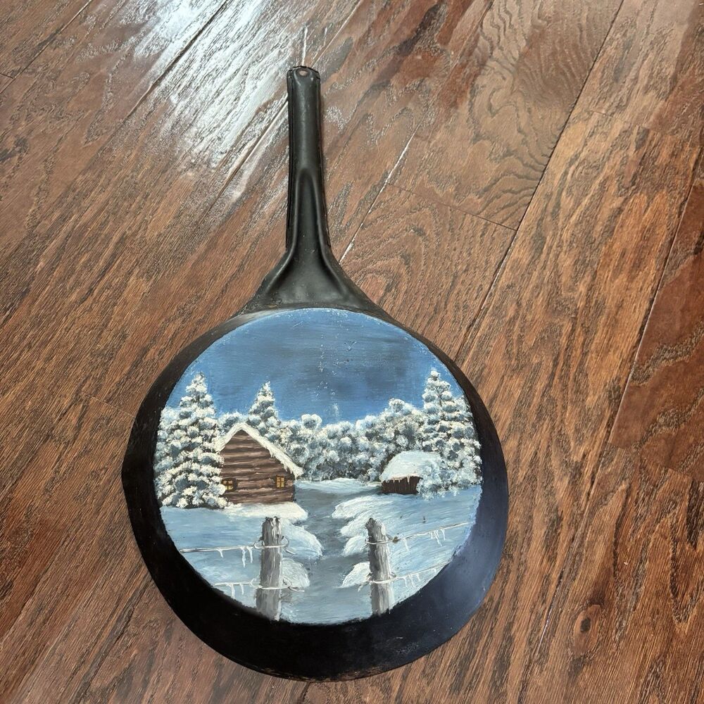 Vintage National Metal Skillet 11” Frying Pan Hand Painted Art Winter Log Cabin